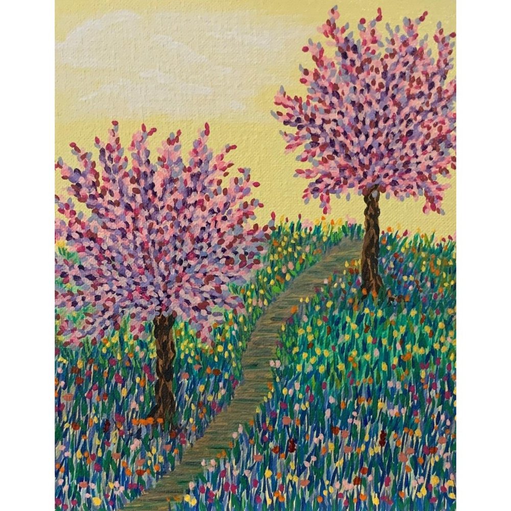 Abstract Painting Trees in a Field of Flowers 8x10